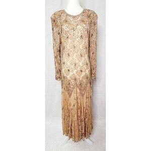 VINTAGE 1980's CHANNA Gold Sequin Beaded Embellished Dress w/slip India Womens M